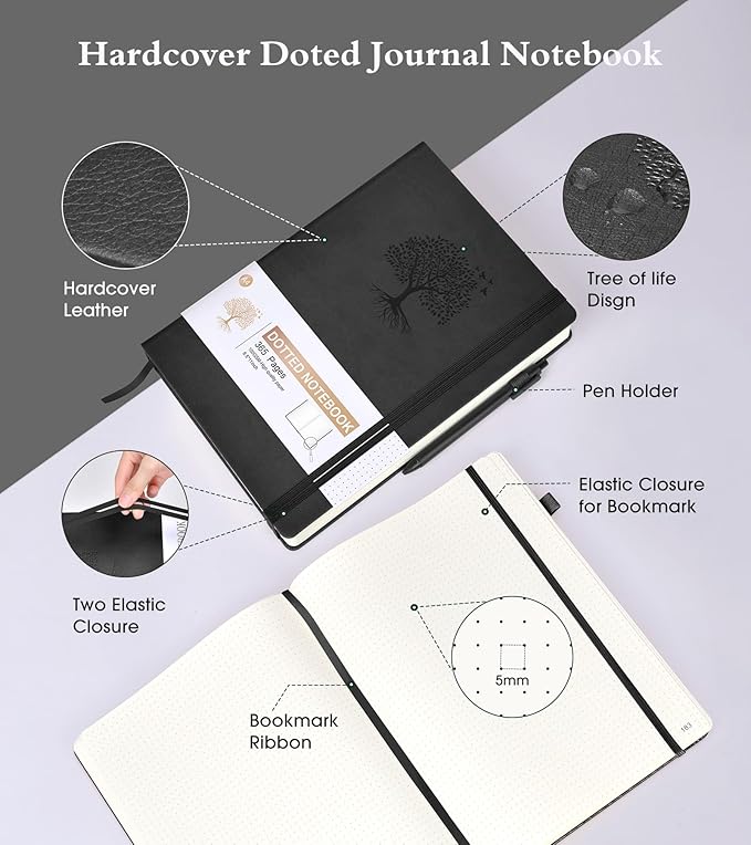 Bullet Dotted Journal Notebook, 360 Numbered Pages Dot Grid Notebooks 8.5 x 11, 100gsm Dot Paper Thick Hardcover Leather Journals for Writing Women Men, A4 Large Bullet Dotted Notebooks for Work Black