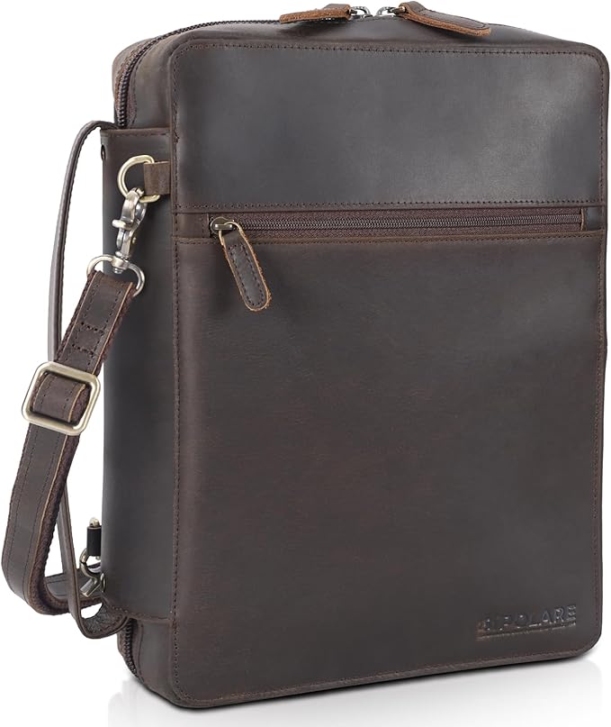 Polare Full Grain Cowhide Leather Bible Cover Church Bag Bible Protective Book Holder Carrying Case Folder Organizer Portfolio (Dark Brown with Shoulder Strap)