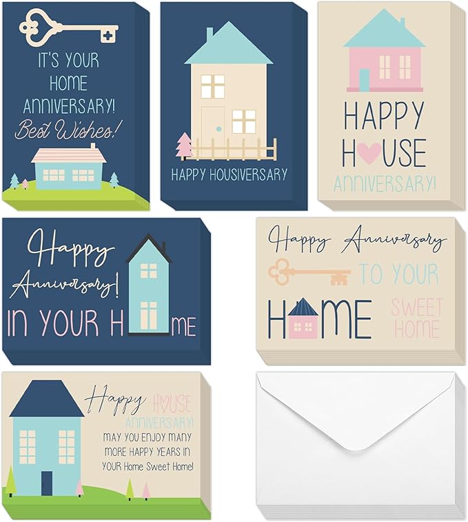 48 Pcs Happy Home Anniversary Cards with Envelopes Bulk Blank Welcome House Cards Real Estate Thank You Notes Housewarming Gifts for Clients Neighbors, 4 x 6 in(Pastel)