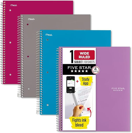 Five Star Spiral Notebooks + Study App, 4 Pack, 1 Subject, Wide Ruled Paper, 10-1/2" x 8", 100 Sheets, Amethyst Purple, Raspberry Pink, Gray and Tidewater Blue (930105-ECM)