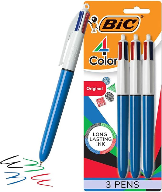 BIC 4-Color Original Retractable Ball Pens, Medium Point (1.0mm), 3-Count Pack, Retractable Ball Pen With Long-Lasting Ink