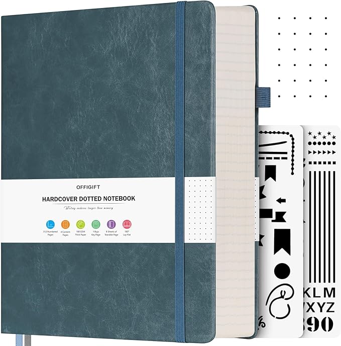 Bullet Dotted Journal, Large A4 Hardcover Leather Journal, 312 Numbered Pages Thick Journal, 100gsm No Bleed Paper Dot Grid Notebook for Women Men, 8.5'' × 11'', Grey Blue