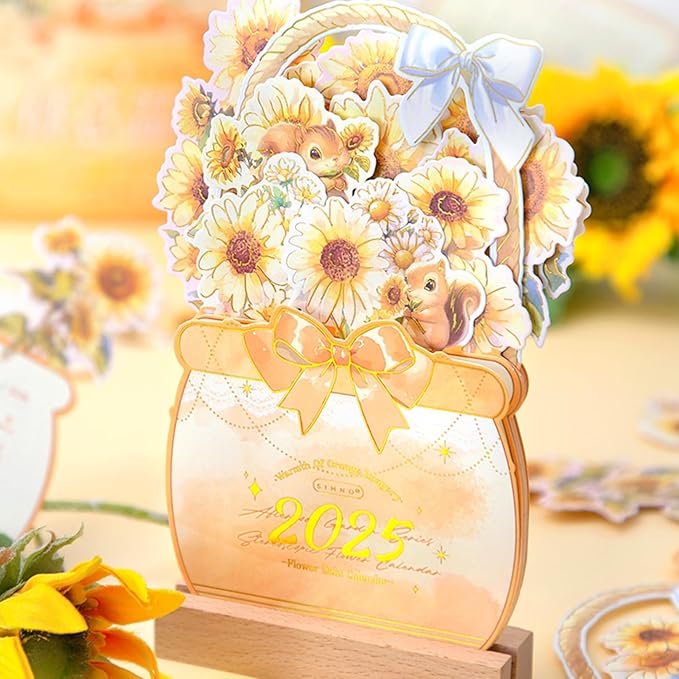 2025 Creative Desk Calendar Unique Flower Basket Shape Standing Monthly Calendar 8.5" x 6" - Sunflower