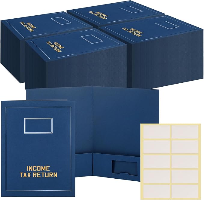 Kisston 100 Pcs Tax Return Folders Bulk 2 Pocket Gold Foil Stamped Income Tax Folders with Blank Labels Business File Office Organizer (Blue)