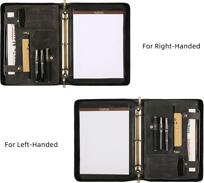 Portfolio Binder 3 Ring, Leather Binder Portfolio Folder for Left-Handed, Zippered Portfolio Padfolio Binder for Women, Leather Portfolio Organizer for Men (Grey, Custom)