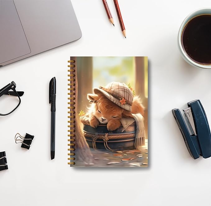 Cute Highland Cow Notebook - Western Cow Notebook, Highland Cow Office Supplies, Highland Cow Gifts, Cow Lover Gifts, Cute Cow Stuff, Funny Sleeping Highland Cow Spiral Notebook 5.5x8.3
