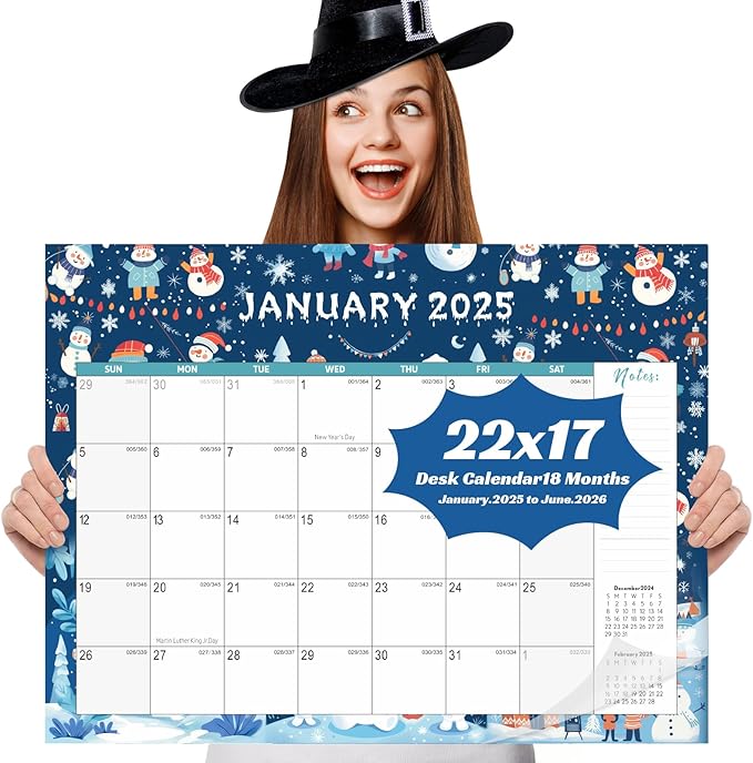 Gannyfer Large Desk Calendar 2025-2026 - 18 months from Jan 2025 to Jun 2026, 22" x 17" Desktop/Wall Pad Calendar with to-do List, Thick Paper with Plastic Cover, Large Ruled Blocks - Snow (2 Binder Clips Included)