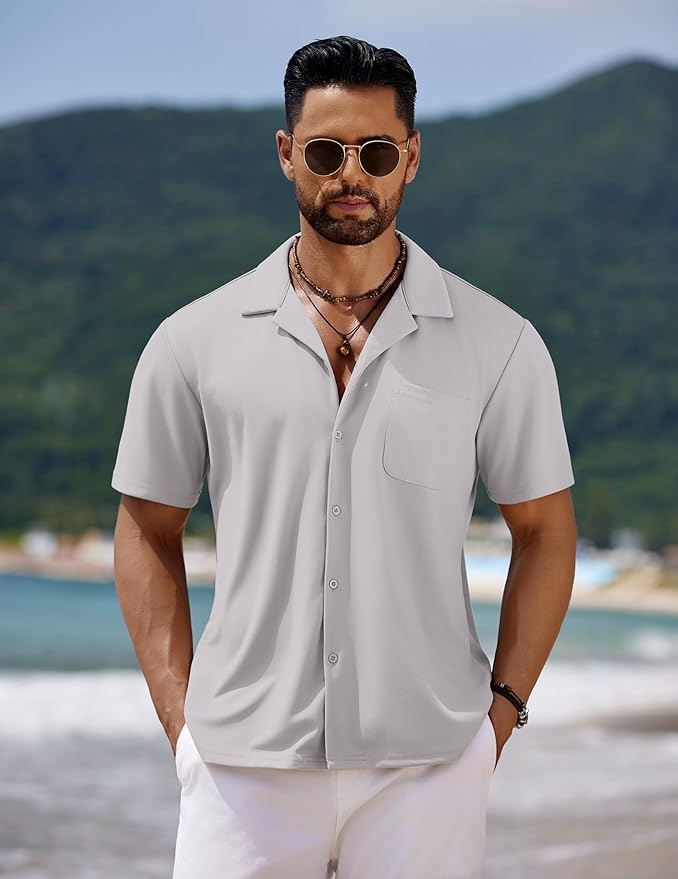 COOFANDY Men's Casual Cuban Guayabera Shirt Short Sleeve Button Down Shirts Summer Beach Shirts Vocation Vintage Shirts