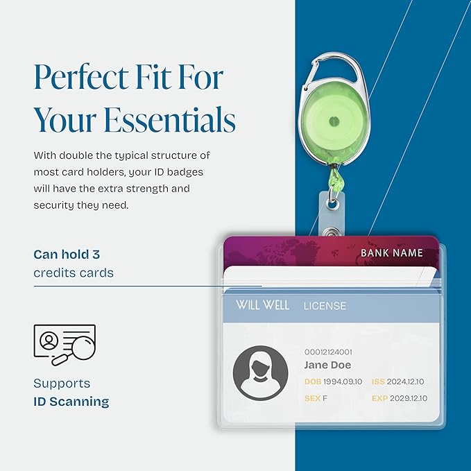 Will Well ID Badge Holders with Clip and Keyring - Horizontal Clear Plastic 3.7" x 2.5" Sleeves Fit Up to 3 Cards - Retractable 24" UHMWPE Fiber Pull Cords - 2-Pack, Transparent Green Reels