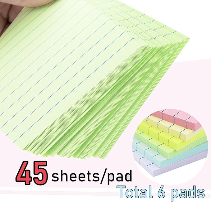 Vanpad Lined Sticky Notes 4X6 in Pastel Ruled Post Stickies Colorful Super Sticking Memo Pads Its, 45 Sheets/pad, 18 Pads/Pack
