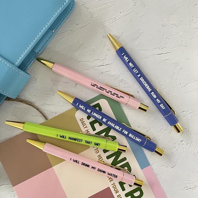 Jxueych Funny Pens 5-Count, Black Ink,Medium Nib 1.0mm, Funny Office Gifts for Coworkers, Personalized Pens Vibrant Funny Quotes Swear Word Daily Pen Set (O)