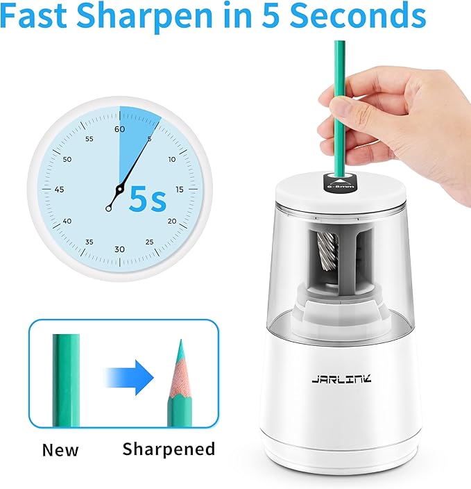 JARLINK Electric Pencil Sharpener, Heavy-Duty Helical Blade to Fast Sharpen, Auto Stop for No.2/Colored Pencils(6-8mm), USB/Battery Operated in School Classroom/Office/Home (White)