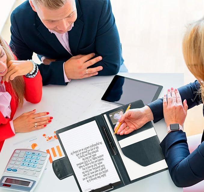 A4 Leather Padfolio Portfolio Organizer Binder,A4 Business Interview Legal Document Folder with Magnetic Closure Cover,Resume Folder with Luxury Papers,Sticky Tabs,Pen for Men Women(Navy Blue)