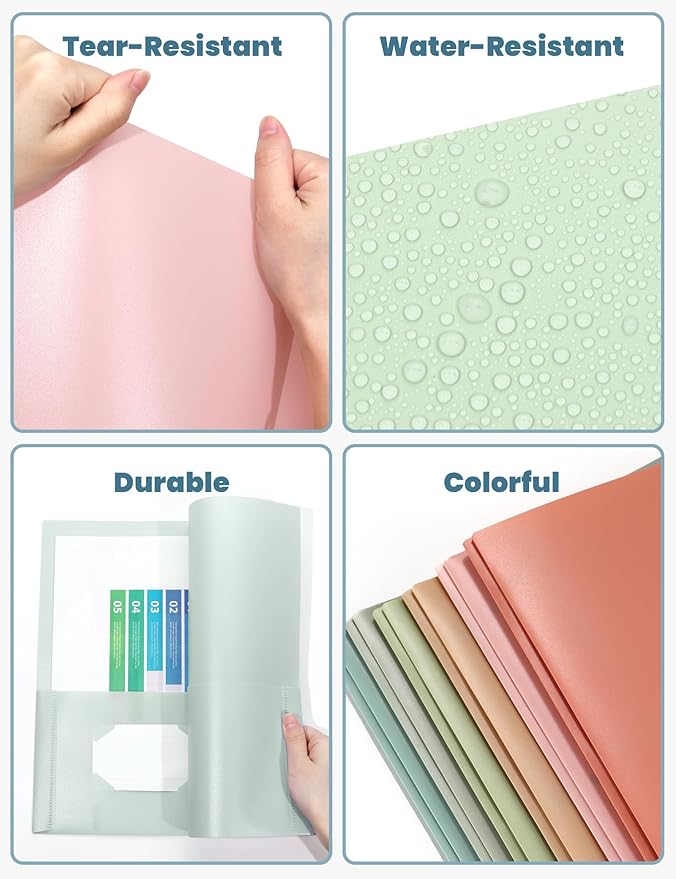 SUNEE 3-Prong Plastic Folders with Pockets (6 Pack, Vintage Colors) 2 Pocket Folders with Fasteners, Tear-Resistant Plastic Pockets, and Fit Letter Size Paper, Use for School Office Home Business