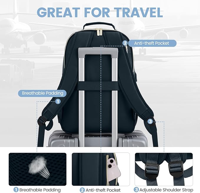 LOVEVOOK Leather Backpack for Women,17.3 inch Leather Laptop Backpack Women Computer Backpack Laptop Bag,Stylish Quilted Travel Backpack Purse Work Bag Teacher Backpack with USB Port,Dark Blue-green