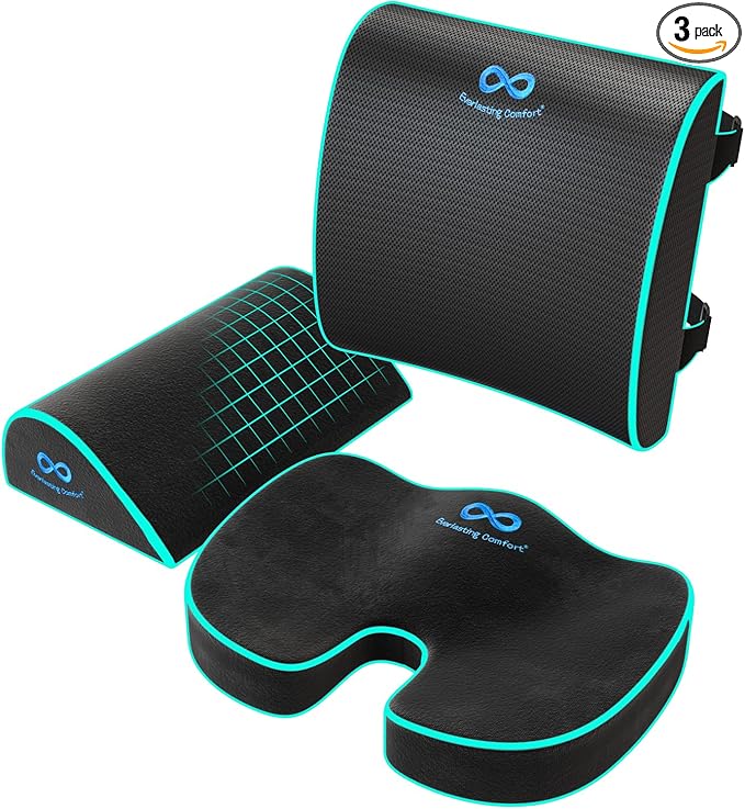 Everlasting Comfort Seat Cushion, Back Cushion, & Foot Rest Bundle - Memory Foam Office Chair Cushions for All-Day Comfort - Ideal for Work, Car, Desk
