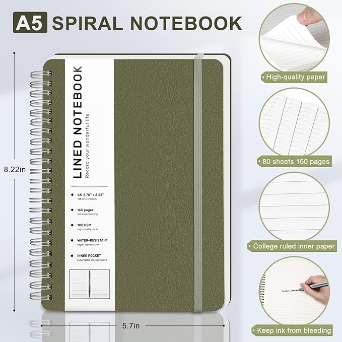 ABERLLS Green Lined Spiral Journal Notebook with 160 Pages, 8×5.7in, A5 Spiral Notebook, Journaling Notebooks for Work, School, Women, Men, College Ruled Spiral Notebook, Hardcover Leather Journals