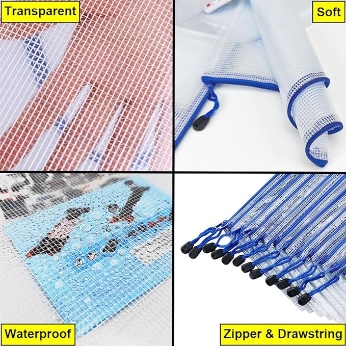 AUSTARK 20 Pcs Zipper File Bags, Plastic Mesh Pouch, Board Game Storage Bag, Waterproof Bags for Office School (A5 Size 9.2''x6.7'', White and Blue)