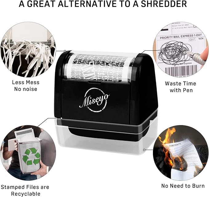 Miseyo Identity Theft Protection Roller Stamp Set - Black (3 Refill Ink Included)