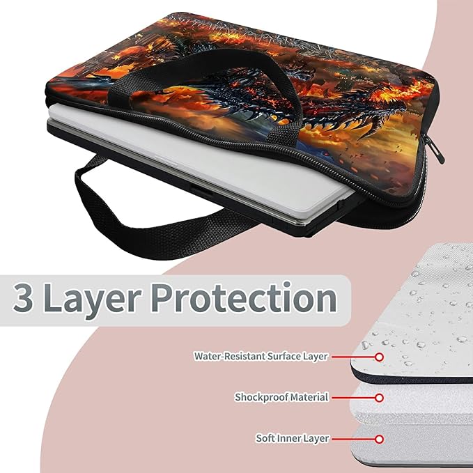 Universal Laptop Sleeve Tablet Case 12 inch, Fire Fierce Dragon Slim Carrying Case Durable Handbag Travel Laptop Bag for Surface Pro 9 8 7/Laptop Go 2 3, MacBook Air 11/12