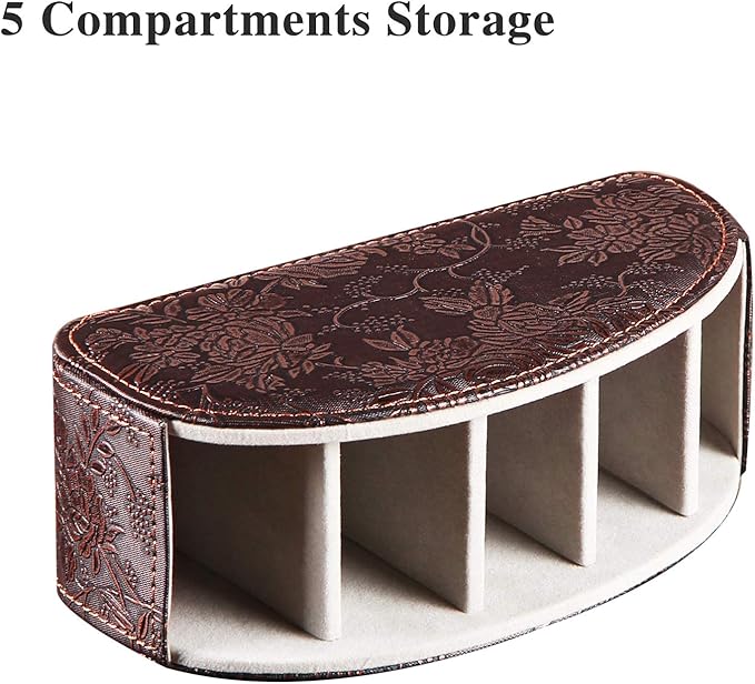 YAPISHI All-in-One Leather Brown TV Remote Holder with 5 Compartments Nightstand Desktop Media Player Remote Caddy Storage Box Organizer Tray for Mobile Office Phone Controller