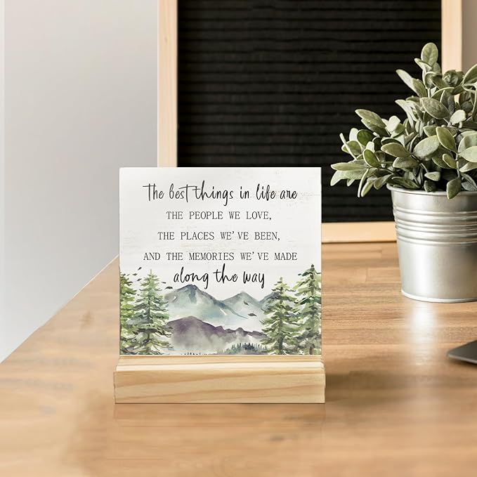 Mtrgdn Mountain Decor,Inspirational Office Desk Decor, Rustic Mountain Positive Desk Decor Wooden Plaque Sign for Home Bedroom , Mountain Home Decor Gifts for Women Relatives Coworker,The Best Thing in Life