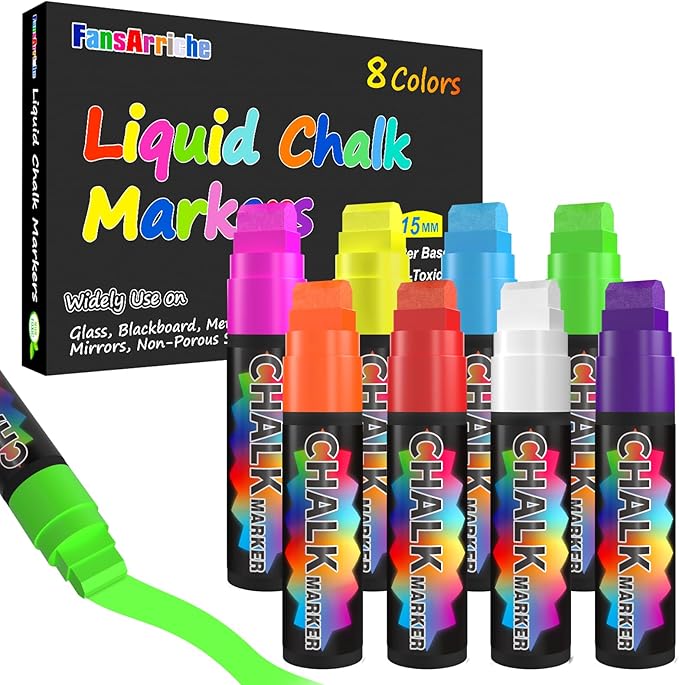 FansArriche Window Markers - 15mm Jumbo - 8 Pack of Neon Chalk Pens - Liquid Chalk Bright Car Markers, Chalkboard Markers for Windows, Blackboard, Glass, Signs, 3-in-1 nib