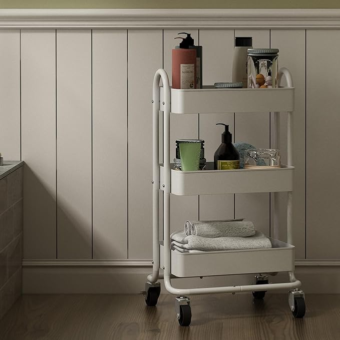 3-Tier Rolling Cart,Metal Rolling Utility Cart with Handle,Steel Multifunction Carts with Wheels,Kitchen Storage Carts Suitable for Office,Home,Kitchen,Garden（13.4"x18.1"x31"） White