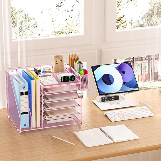 File Organizer for Desk, 6 Tier Desk Organizer Paper Tray with File Holder Pen Holder, Mesh Office Desk Accessories & Workspace Organizers (Pink)