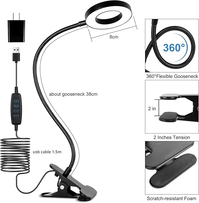 Desk Clip on Lamp for Reading Home Office, with 5V 2A Adapter, 10 Dimmable Brightness 3 Modes, Clamp Reading Light for Bed Headboard, Craft (2packs, Black)…
