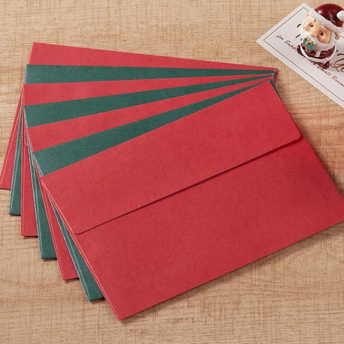 50 Pieces Christmas Metallic Color Self Seal Envelopes for Greeting Cards, Invitations, Postcards (Christmas Green/Red, 4x6)