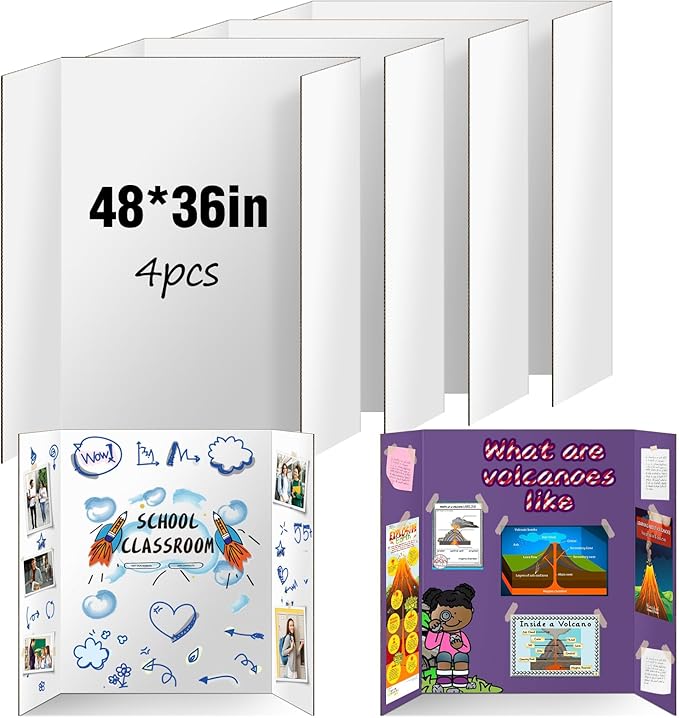 4 Pack Trifold Poster Board, IKAYAS 48" X 36" Double Sided White Poster Boards, Science Fair Display Boards Posterboard Foamboard for Mounting, Prints,Art,Display,Projects Classroom Supplies