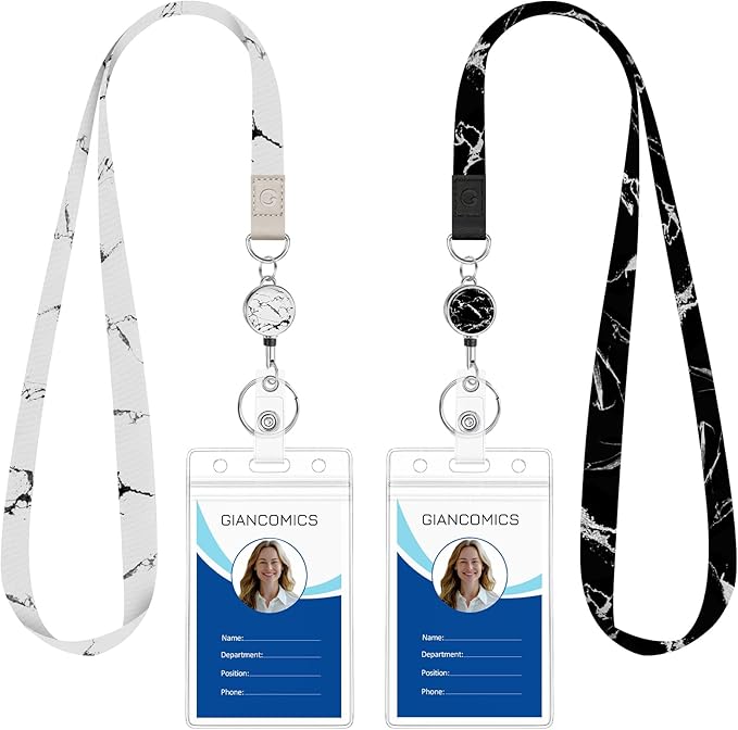 Giancomics Lanyards for Id Badges, Black Marble Lanyards with Retractable Reel, Waterproof ID Badge Holder for Cruise Ships Cards Key, Cute Work Name Tag Zip Card Protector 2 Pack