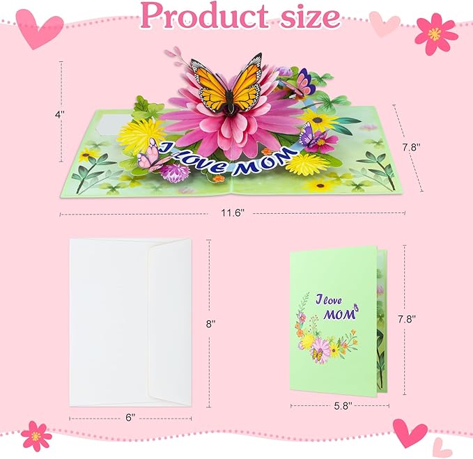 D4DREAM Mothers Day Pop Up Card for Mom - 3D Butterfly Flower Greeting Card with Envelope and Note Tag I Love Mom Pop Up Birthday Gift for Her from Daughter Son