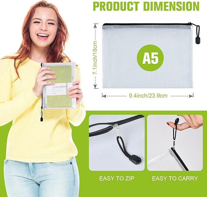 Mesh Zipper Pouch, 6PCS Waterproof Plastic Mesh ZipperBag, A5 Size Tear-Resistant Document Pouch, Extra Large Zip File Bags, for School Office Supplies Home Travel Storage(9.4×7.1 Inch)