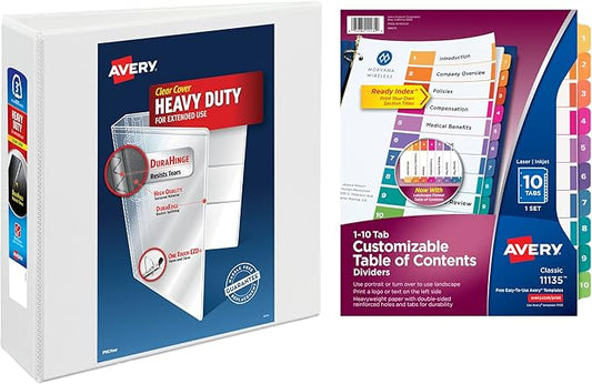 Avery Heavy-Duty View 3 Ring Binder with 3 Inch Rings, 10 Tab Customizable Table of Contents Binder Dividers, Office Supplies Set (01678)