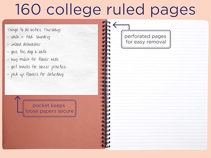 Steel Mill & Co Cute Large Spiral Notebook College Ruled, 11" x 9.5" with Durable Hardcover and 160 Lined Pages, Floral Vines