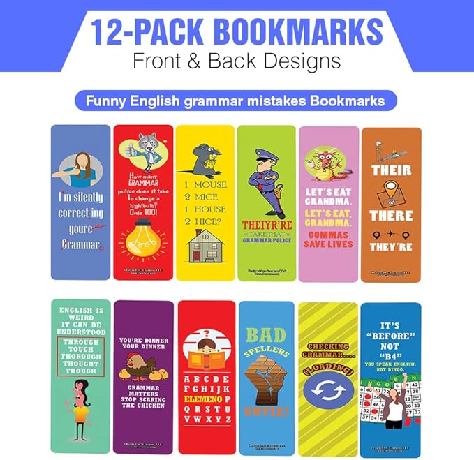 Creanoso Funny English Grammar Mistakes Bookmarks (2-Sets X 6 Cards) – Daily Inspirational Card Set – Interesting Book Page Clippers – Great Gifts for Adults and Professionals