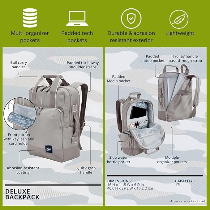 Skyway Luggage Rainier Deluxe Backpack, Eco-Friendly, Made of 100% rPET Travel Laptop Bag for Women & Men, Flight Approved Carry On Bag, 17L, Olympic Green