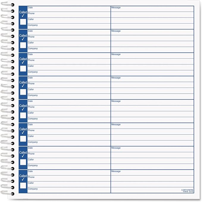 TOPS Spiral Voice Message Log Book, 2-Sided, 1-Part, 8.5 x 8.25 Inches, 8 Messages per Page, 800-Message Book (4416) , Manila