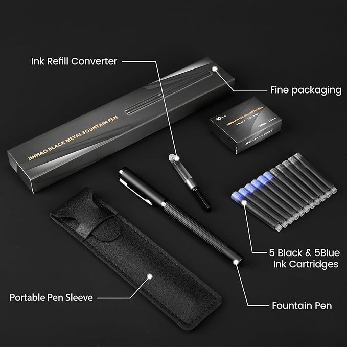 JINHAO Fountain Pen Fine Nib, Includes Ink Cartridges & Converter, Perfect Weight, Optimal Flow, No Skips