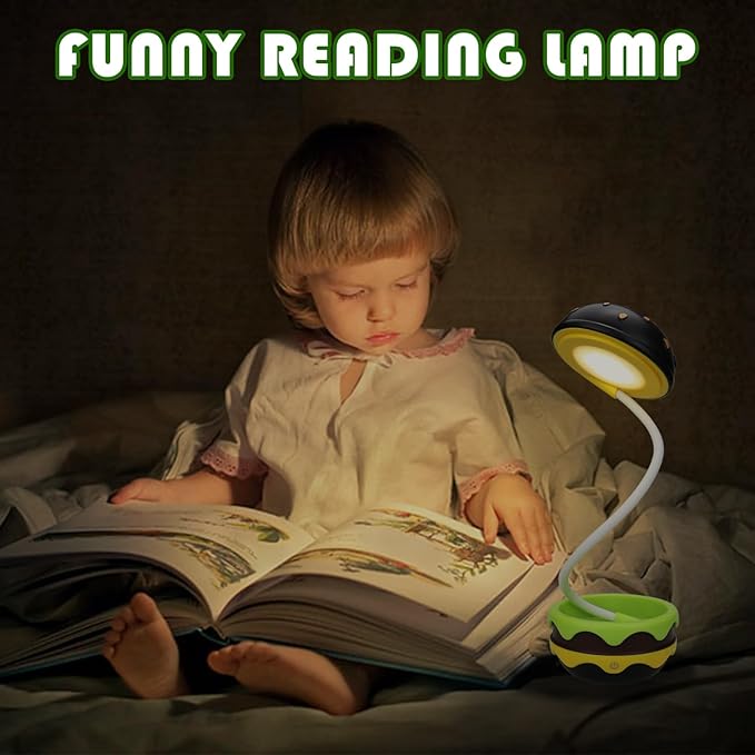 Cute Desk Lamp for Kids, Hamburger Small Boy Desk Lamps Rechargeable with Dimmable Touch Adjustable Neck,Kawaii Desk Lamp Night Light,Boy Desk Accessories Kawaii Room Decor for Boys Girl Gift
