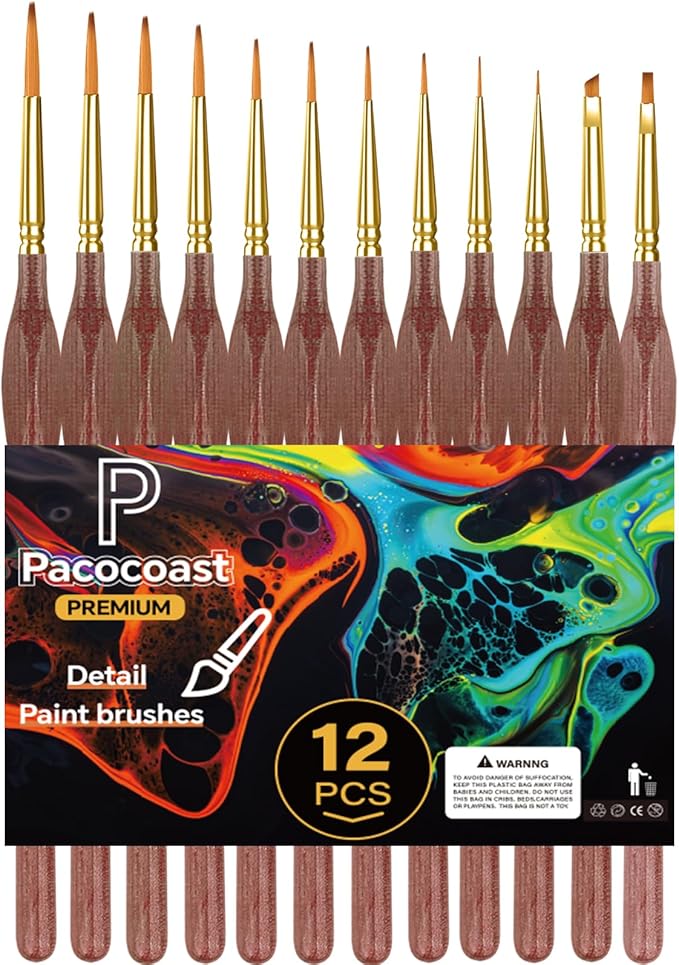 Detail Paint Brushes Set, 12PC Miniature Brushes for Fine Detailing & Art Painting, Small Tiny Paint Brush Perfect for Acrylic, Paint by Number, Craft, Models, Warhammer 40k (Brown)