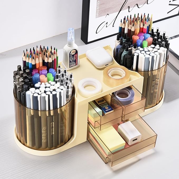 Rotating Desk Organizer with 2 Pen Holder, Desk Organizers and Accessories with 10 Slots Pencil Holder for Desk + 3 Drawer, Art Supply Storage Box Caddy for Office School Home (Beige)