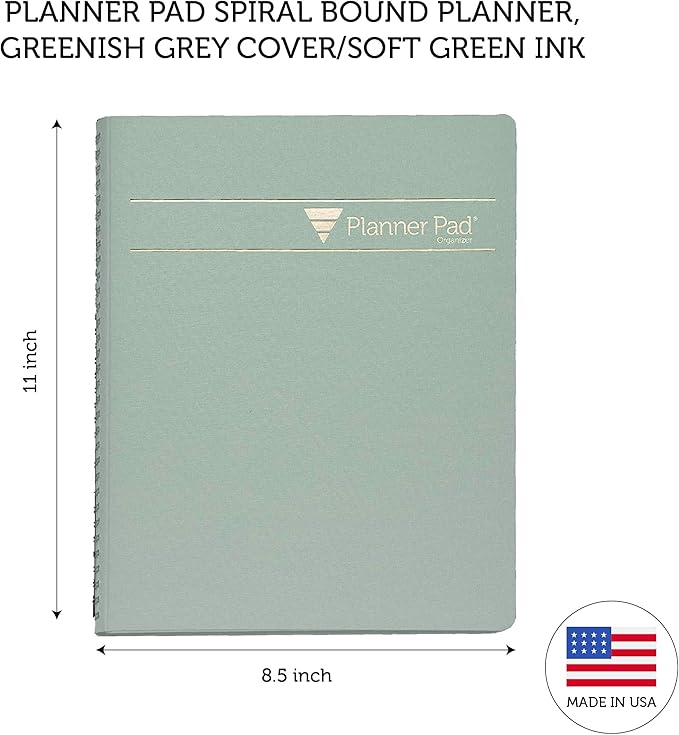 Planner Pad Spiral Bound January-December 2025/ Calendar Year 8 1/2" x 11" Large 3-Tier Funnel Down 12 Month Organizer, Greenish Grey Cover/Soft Green Ink