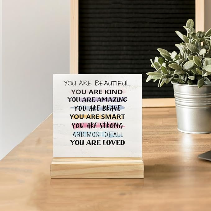 Inspirational Desk Decor, You Are Beautiful Kind Positive Quotes Wooden Plaque Sign for Home Office Bedroom Desk Decor, Motivational Wooden Signs Birthday Thanksgiving Gifts