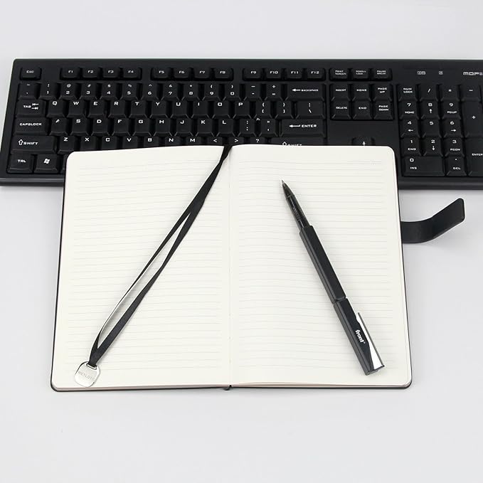 A5 Hard Cover Notebook with Pen Holder, Gold Edges & 180° Lay Flat - Large 5x8.25 Lined, Bookmark, Gift Box - Durable Journal for Office, Study, Travel - Writers, Students(Black)