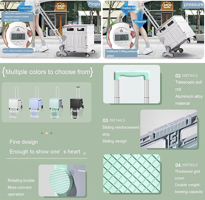 Foldable Utility Cart,Folding Portable Rolling Crate Handcart with Lid,Collapsible Aluminium Alloy Telescoping Handles,8 Wheels for Travel Shopping Climbing Stairs Moving Storage Office Use