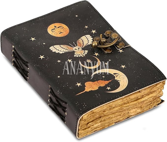 Handmade Leather Journal, Black, Sun & Moon Design, 7 x 5 Inch, 200 Unruled Pages, Hand Embossed, Deckle Edge Paper, Brass Clasp Lock, Vintage Notebook Diary, Sketchbook for Artists & Writers