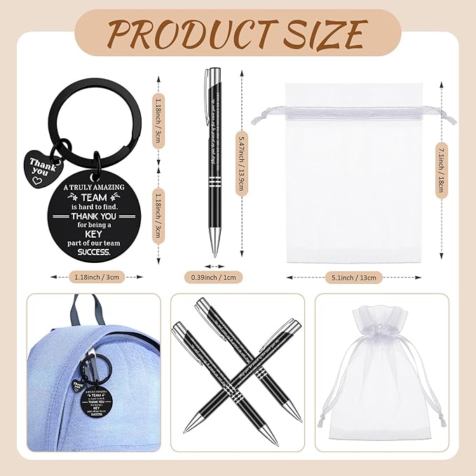 Fulmoon 80 Pcs Employee Appreciation Gifts Set Include Notepad Pen Thank You Keychain Organza Bag, Going Away Retirement Birthday Christmas Team Gift for Member Coworker Staff(Black)